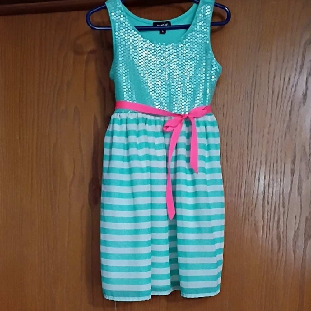 Aqua & Pink Striped Sequin Girls Dress Size 6